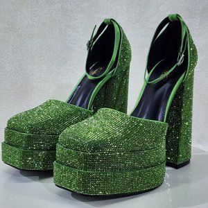 New Rhinestone ROCK IT Jewel Green Chunky Heel Dual Platform High Heel Sandals